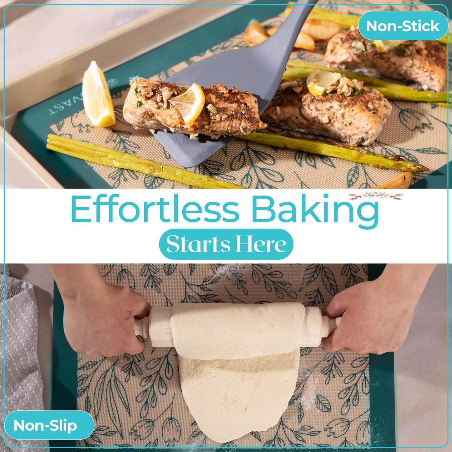 Premium Non-Stick Silicone Baking Mat -  Green Floral